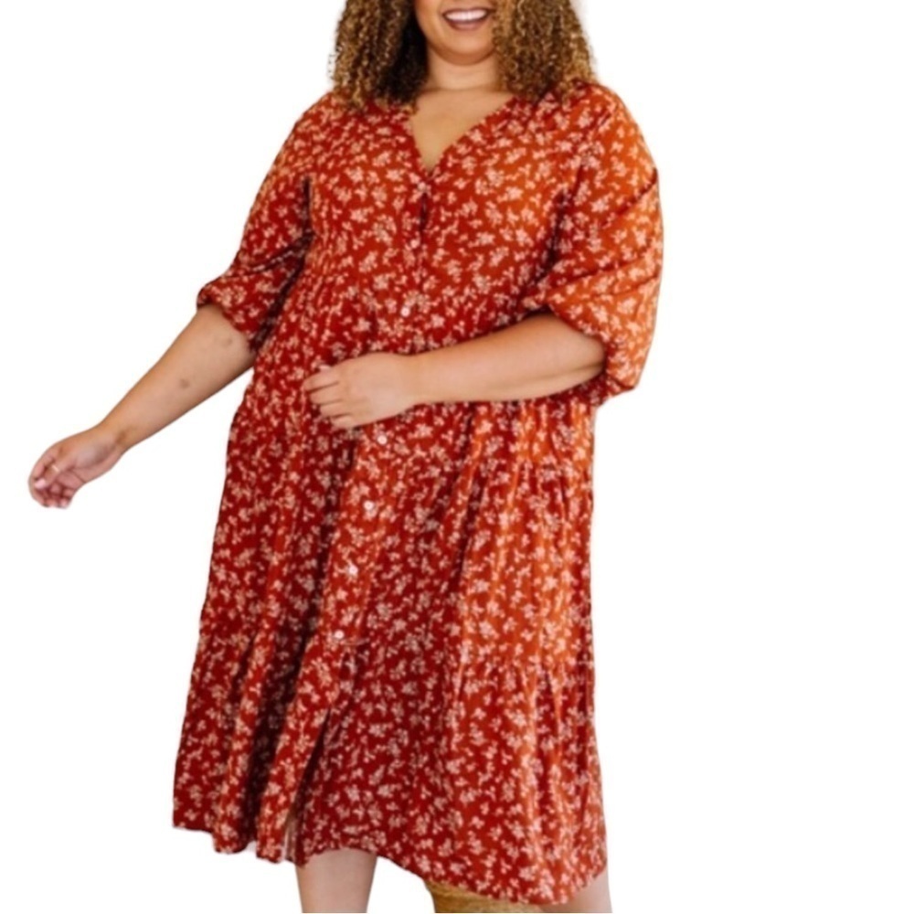 Kervology Plus Size Dipsy Floral Rust and cream Prairie Boho ‎ Midi Dress Nwot